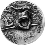 Ivory Coast 3 oz GREAT WHITE SHARK series PREDATORS 5000 Francs Silver coin 2022